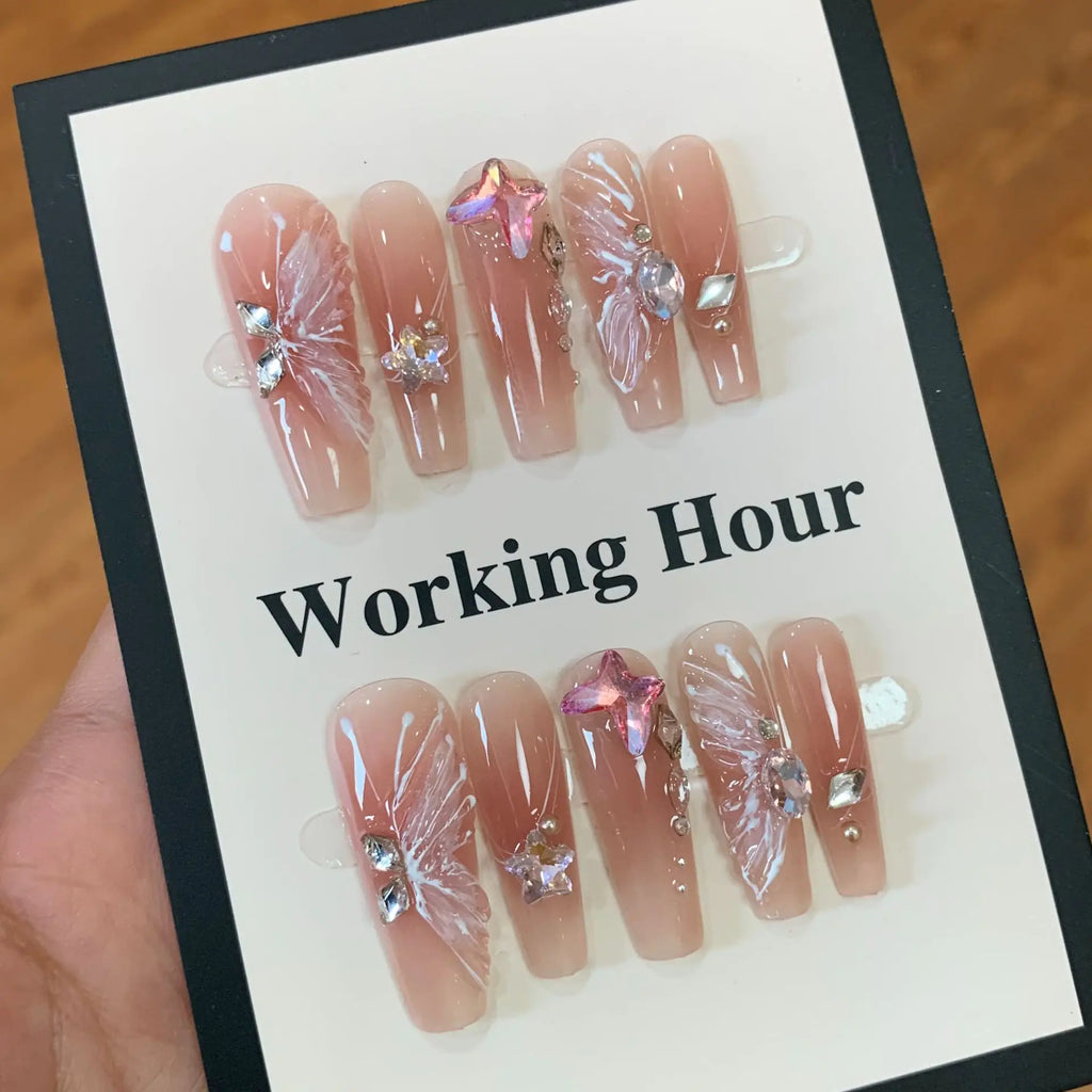 10Pcs Handmade Press On Nails - Butterfly Diamond Design