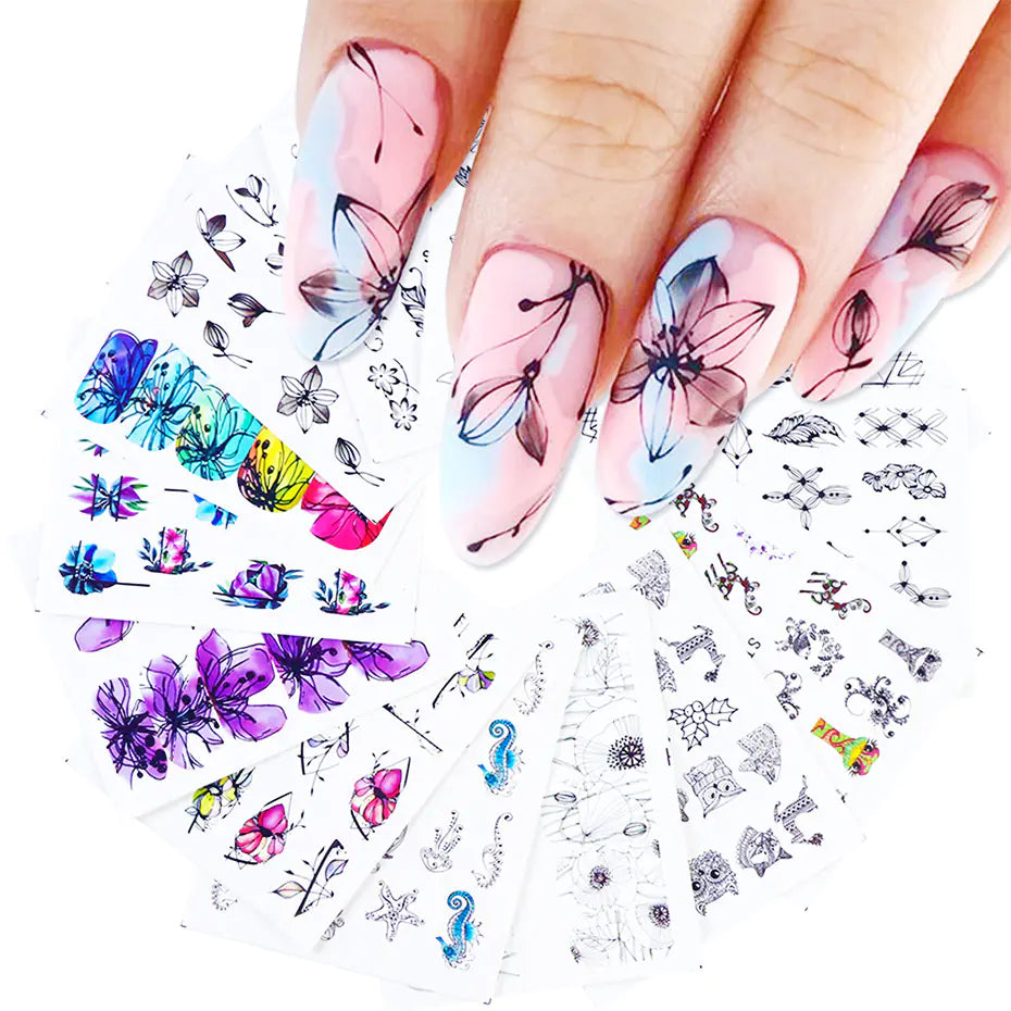 Nail Art Stickers - Black Line & Ink Petal Design