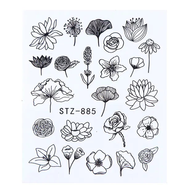 Nail Art Stickers - Black Line & Ink Petal Design