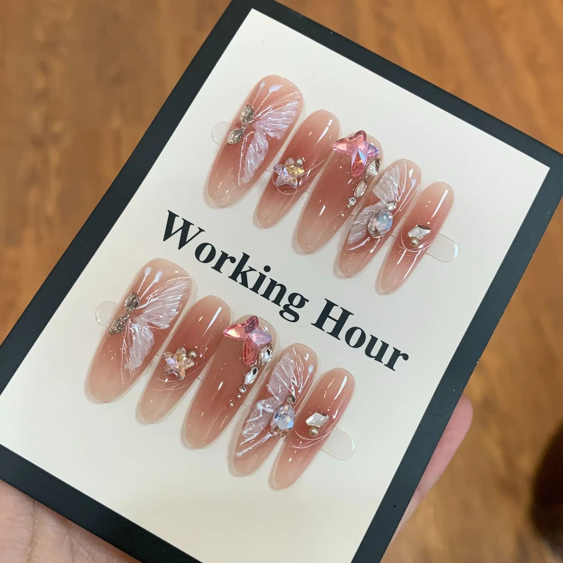 10Pcs Handmade Press On Nails - Butterfly Diamond Design