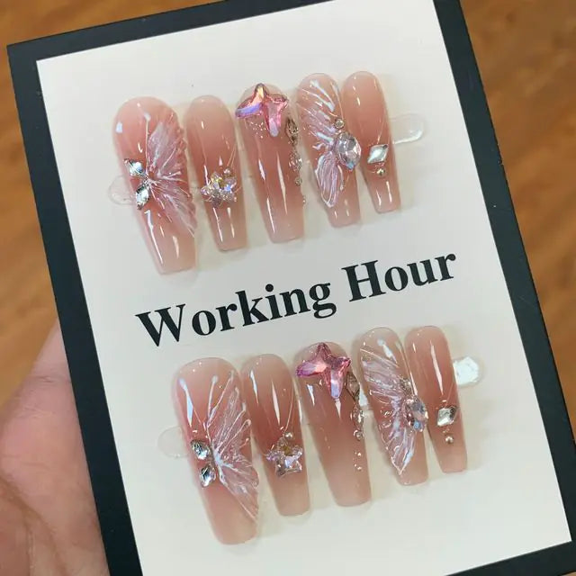 10Pcs Handmade Press On Nails - Butterfly Diamond Design