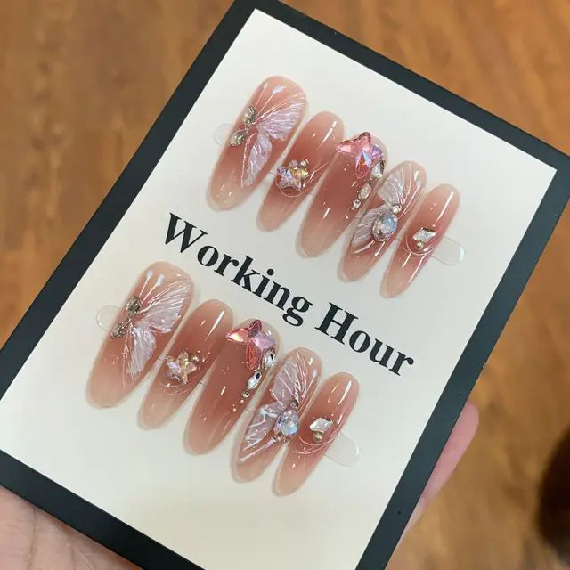 10Pcs Handmade Press On Nails - Butterfly Diamond Design